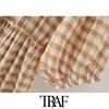 Traf kvinnor chic mode ruffled check midi klänning vintage o nacke med elastisk kort ärm kvinnliga klänningar vestidos mujer 210415