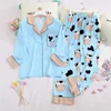 Fiklyc underwear cow print women's cute long pants autumn pajamas sets femme faux silk 2-pieces pyjamas pijamas sets womans Q0706