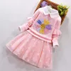 Spring Autumn Kids Clothing Sets for Girls Red Sequins Flower Pullover Sweater Cotton Mesh Dress 2 pcs Set Children Clothes Girl 210713