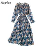 Neploe Fresh Print Bowknot Drawstring Dress Women Retro Elegant Pleated Dresses New Fashion V-neck Slim Waist Vestidos 210423