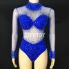 Sexy Mesh Transparent Stones Bodysuit Birthday Party Outfit s Romper Singer Team Dance Pink White Blue Costume 210715