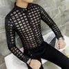 Sexig Lace Hollow Shirt Men Casual Långärmad Slim Fit Shirts Se genom nattklubb Party Stage Man Kläder Camisa Masculina 210527