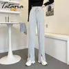Pantaloni casual a gamba larga con pantaloni larghi a vita alta stile coreano spaccati Pantaloni sportivi grigi a figura intera per donna 210514