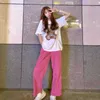 Houzhou Pink Corduroy Wide Pen Broek Vrouwen Koreaanse Stijl Zomer Straight Hoge Taille Broek Vrouwelijke Mode Streetwear Esthetic 210925