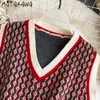 Matakawa vintage vrouwen trui losse mode argyle trui vest Koreaanse mouwloze vest jas herfst winter gebreide top 210513