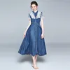 女性の長いデニムの夏のドレスファッションレースアップブルーes半袖パッチワークビッグスイング女性vestidos 210520