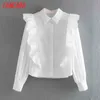 Wiosna Vintage Kobiety Ruffles Białe Koszule Z Długim Rękawem Solidne Eleganckie Panie Biurowe Pracy Nosić Bluzki CE69 210416