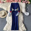 2022 Autumn winter new design women's v-neck color block long sleeve knitted high waist midi long sweater dress