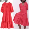 Kleider Frau Sommer Rot Cutwork Stickerei Langes Kleid Frauen Rüschen Kurze Puffärmel Casual Frauen 210519