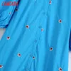 Kobiety Floral Haft Blue Midi Sukienka Vintage Rękawem Puff Sukienki Dresses Vestidos Beull Beull 210416