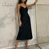 Summer Women Satin Slip Spaghetti Strap Black Sexy Silk Długa sukienka 210415