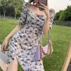 Fransız Vintage Çiçek Elbise Bahar Puf Kol Kadın Kare Yaka Bölünmüş Elbise 2021 Casual Seksi Parti Bayanlar Tek Parça Elbise Yeni X0521