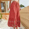 Skirts Women Long Vintage Flower Print Lace Up Pleated Knitted Bohemian Beach Holiday Chic Female Skirt Year 2022