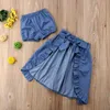 Détail 3 PCS Mignon Toddler Fille Ensembles Hors Épaule Dentelle Blanc T-Shirts Tops Bleu Denim Shorts Cheville Longueur Robe Tenues 1-5T MN001 210610