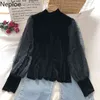 Neploe Contrasto Colore Patchwork Donna Magliette Mezza Dolcevita Camicia a maniche lunghe Nuovo Arrivo Coreano Vintage Velluto Top 210422