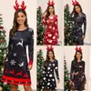 Casual Dresses 2021 Christmas Multi Flower Print A-Line Dress Red Black Kne-Length O-Neck