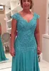 Turquoise 2021 Lace Mother of the Bride Dresses Chiffon Mermaid Moms V-neck Cap Sleeve Applique Formal Evening Gowns Hot Selling