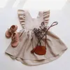 Toddler Kid Baby Flickor Casual Dresses Solid Ruffle Lace Ärmlös Klänning Outfit Sundress Bomull Linen Princess Tjejer Kostymer G1129