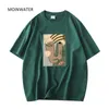 Moinwaterの女性の抽象的なパターンTシャツの女性綿の緑の夏ティーカーキ半袖ストリートウェアトップスMT21027 210623