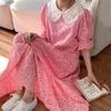 Women Yellow Hollow Out Dress Lace Peter Pan Collar Short Puff Sleeve Loose Fashion Spring Summer 16F0681 210510
