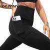 Salspor 운동 여성 피트니스 레깅스 포켓 하이 허리 엉덩이 리프팅 legging puhs 섹시한 검은 액티브웨어 체육 211204