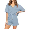 Kvinnors vår och sommar heminredning kostym solid färg pyjamas två styck kortärmad t-shirt topp shorts sport stil x0526
