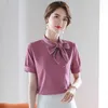 Pink Shirt Women Summer Temperament Elegant Bow Design Short Sleeve Chiffon Blouses Office Ladies Plus Size Work Tops 210604