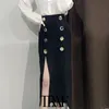 Femmes Chic mode avec boutonné avant fente Midi jupe crayon Vintage taille haute dos fermeture éclair femme jupes Mujer 210507