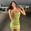Seksi Gece Kulübü Elbise Saten Bodycon Yaz Kadın Mini Sıkı Yeşil Omuz Kayışı Kolsuz Parti 210603