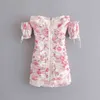 Sexy Metal Hook Buttons Vestidos Vintage Pink Floral Print Ruched Mini Summer Dresses Fashion Off Shoulder Women Party Dress 210429