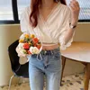 Chic Lace All Match V-Neck Sexy High Waist Streetwear Office Lady Shirts Vintage Tops Retro Sweet Blouses 210525
