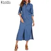 S 5XL ZANZEA 2021 Primavera Moda Denim Blu Vestito Delle Donne Casual Risvolto Manica Lunga Camicia Lunga Vestido Elegante Lavoro OL Vestito Estivo X0521