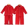 Winter Boutique Samt Stoff Rot Kinder Kleidung Pjs mit Spitze Kleinkind Jungen Set Pyjamas Mädchen Baby Nachtwäsche 211109