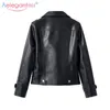 AELEGANTMIS Marca Faux Couro Casacos Mulheres Slim Curto Pu Feminino Outerwear Cool Rivet Moto Biker 210607