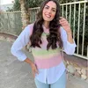 Moda Renkli Gökkuşağı Kazak Yelek Pembe O Boyun Yelek Vintage Kintted Kolsuz Kadın Yelek Chic Jumper Üst Kadın Giysileri 210415