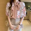 Sommer Koreanische Frauen Shirts Frau Rosa Chiffon Büro Dame Floral Kurzarm Blusen Tops Plus Größe XXL 210531