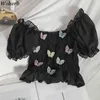 シフォンクロップトップの女性のシャツの蝶刺繍オフショルダーパフスリーブブラウス韓国のファッションシックなかわいい女性Blusas 210519
