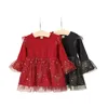 Girls Casual Princess Dress Round Collar Long Flared Sleeve Yarn Hem Skirt Red/ Black G1026