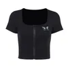 Kvinnors T-skjortor Kvinnor T-shirt Kvinnor Fashion Zipper Butterfly Brodery Top Stylish Short Sleeve Square Collar Crop 2022 Summer