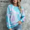 Hemden für Frauen Mode Krawatte Farbstoff Druck Langarm O Hals Lady T Shirt Herumn Casual Lose Streetwear Plus Size Womens Clothing 210513