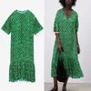 Za rétro imprimé fleuri longue robe verte femmes manches courtes bouffantes O cou ruché robes de soirée femme à volants ourlet Sumemr robe 210602