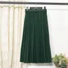 Elegancka solidna plisa linia spódnica z szarfami kobiet zima wiosna wysoki talia vintage Harajuku Solid Midi Długie Spódnice Casual Simple 210518