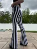 Kvinnor Lösa byxor Kvinnors Eleganta Svart Vertikal Striped High Waist Pocket Wide Ben Byxor Kvinnor Bell Bottoms Flare Byxor 211008