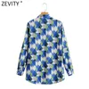 Women Vintage Color Match Geometric Print Smock Blouse Office Ladies Breasted Casual Shirts Chic Blusas Tops LS7643 210416
