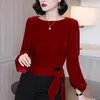 韓国のソリッドベルベットの女性の長袖フリルブラウスレディースシャツトップスフェムムプラスサイズ