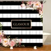 Classy Black White Stripes Floral Shower Curtain Set Elegant Personalised Bath Curtain for Bathroom Mats Rugs Bathtub Home Decor 210402