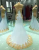 2022 Luxurious Gold Appliques Wedding Dress Chiffon Mermaid Style High Neck Short Sleeve Beaded Bridal Party Dresses Bride Vestidos De Fetia