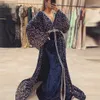 Moroccan Caftan Sequin Evening Dress Long Sleeves Velvet Beaded V-Neck Navy Blue Dubai Arabic Muslim Mermaid Formal Prom Gowns