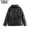 TRAF Women Fashion Faux Läder Tjock varm vadderad jacka Coat Vintage Långärmade fickor Kvinnor OuterWear Chic Toppar 211007