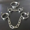 Stainless Steel Lockable Neck Collar Handcuffs Ankle Cuffs Slave BDSM Bondage Shackles Leg Irons Restraints Sex Toy For Couples Y200616